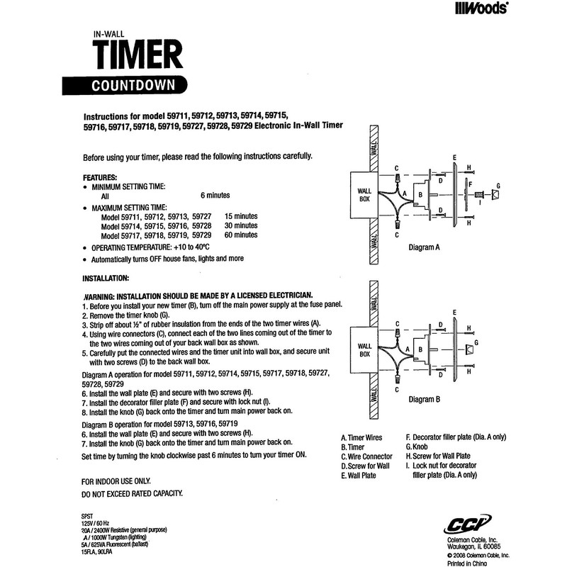 Woods 59718 In-Wall 60 Minute Spring Wound Timer; Light Almond