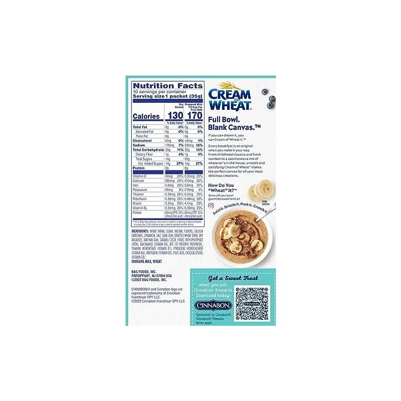 Cream Of Wheat Instant Hot Cereal, Cinnabon, 1.23 Ounce, 10