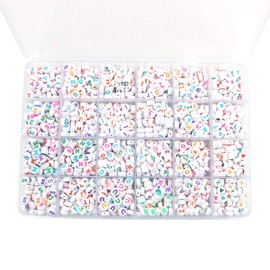 Shiwaki 1600 Pieces 4 x 7 mm White Letter Beads Colourful Word A to Z and Round Acrylic Letter Beads Set Necklace Jewellery Making DIY English Alphabet Beads Material