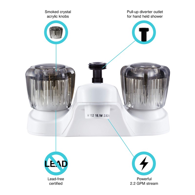 Dura Faucet DF-PL720S-WT RV Bathroom Faucet with Smoked Acrylic Knobs