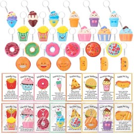 Kenning 24 Sets End of Year Teacher Gifts Mini Squish Fast Food Stress Balls Keychains Positive Fast Food Squeeze Fidget Toys Inspirational Cards Appreciation Gifts for Employees Coworkers Team Staff