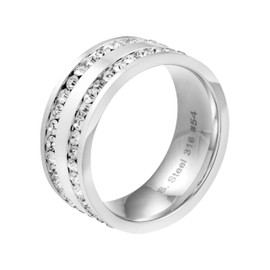 meditoys Stainless Steel Ring for Women – Exclusive Women's Ring Made of Polished Stainless Steel with Two Rows of All-Round Crystal Stones · Fashionable Jewellery · Width 7.5 mm
