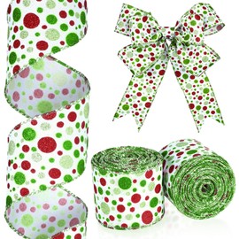 Hanaive 20 Yards Christmas Polka Dot Ribbon Xmas Wired Ribbon Christmas Tree Ribbons Decoration Green Red Polka Dot Printed Christmas Ribbons DIY Decorative for Wreaths Gifts Wrapping (1.5 Inches)