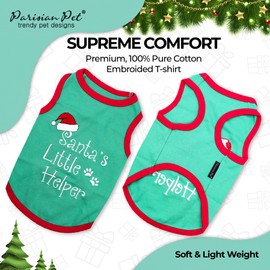 Parisian Pet Dog Tshirt - Embroidered “ Santa’s Little Helper “ Dog Shirts - Lightweight Cotton Christmas Dog Costume - Sleeveless Puppy Christmas Outfit - Dog Shirts for Small Dogs - XS