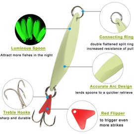 Metal Casting Spoons Fishing Lures- 7pcs Luminescent Jigging Spoon Blade Bait with Treble Hooks Hard Micro for Trout Pike Bass Crappie Walleye 0.49oz