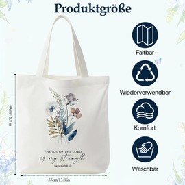 Christliche Stofftasche mit Aufschrift "THE JOY OF THE LORD is your strength" Tragetasche Damen Einkaufstasche Geschenke Tragetaschen Baumwolltasche Christliche Geschenke 40x35cm Stoffbeutel Bedruckt