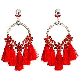 Flower Leaf Tassel Earrings, Flower Leaf Cluster Dangle Earrings for Women, Bohemian Blooming Flower Statement Fringe Earrings for Girls, Hoop Flower Drop Earrings Boho Jewelry(Red)