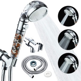 Filtered Shower Head with Purifying Beads – 3 Function High Pressure Handheld Shower for Hard Water – Removes Chlorine & Impurities, Softens Skin/Hair – On/Off Switch, Adjustable Bracket & Hose