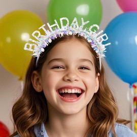 Jaciya Birthday Girl Glitter Headband for Women Girls Sparkling Silver Party Hair Accessories with Confetti Tinsel