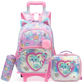 ZBAOGTW Rolling Backpack for Kids Girls Rolling Backpack for School Roller Backpacks for Girls 8-12 Cute Schoolbag Backpacks with Wheels for Kids with Lunch Box Back to School Supplies