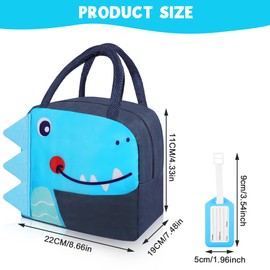 Aucuu Kids Lunch Bag for Girls Boys, Insulated Lunch Bag, Portable Lunch Box for Kids with Cartoon Cute Design, Foldable Reusable Lunch Cooler Bags for School, Travel, Picnic-Navy Blue Crocodile