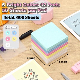 SYMDROMIA Transparent Sticky Notes 12 Pack, Frosted Glitter Colored 3x3 Inch, High Transparency Glass-Like Adhesive Clear Seee Through Sticky Notes for Women Office School Supplies 600 Sheets