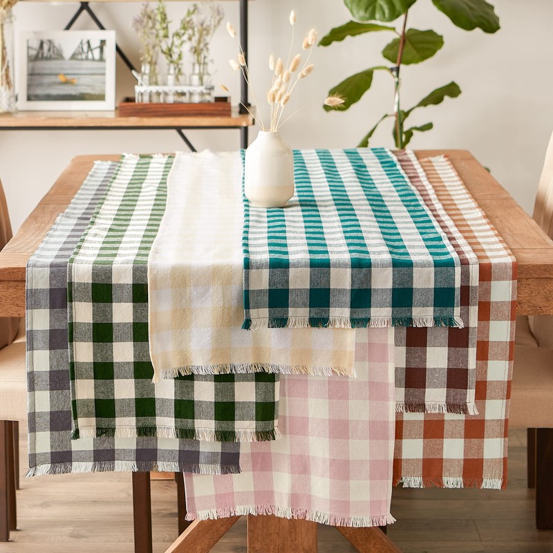 DII Heavyweight Fringed Check Tabletop Collection, Table Runner, 14x108, Natural