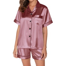 Yowmina Womens Satin Pajamas Set Shorts Sleeve Button Down Top and Shorts Sleepwear 2 Piece Silk Pjs Notch Collar Loungewear(Deep Pink_L)