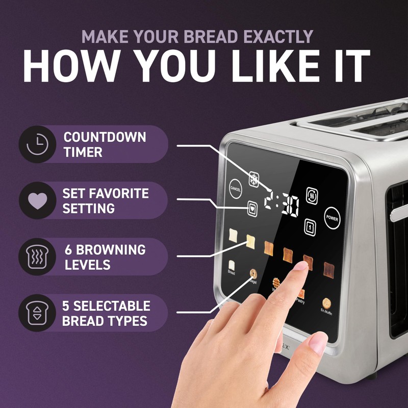 Inspirex Touch Screen Toaster - 2 Slice Extra-Wide Slots -