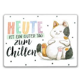 Glückskatze Glass Chopping Board with Saying "Heute ist ein guter Tag zum Chillen" (German Language) Colourful Kitchen Board for Cat Owners Cat Motif Women Happiness Birthday Glass Chopping Board