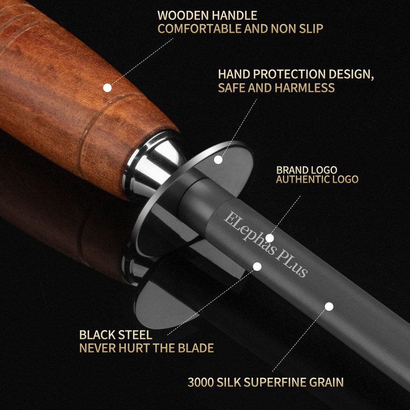 ELephas PLus honing steel knife sharpener ，Wooden Handle knife sharpener