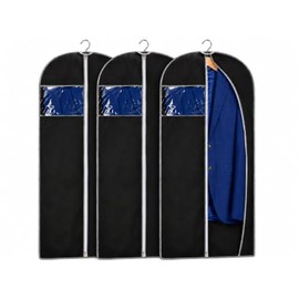 AKORD 3 Pack Breathable 47" Garment Bags for Suits, Dresses & Coats, Long Clothes Covers with Zip & Clear Window, Non-Woven Dust Covers, Foldable Storage Bags, Black, 117 cm x 59 cm