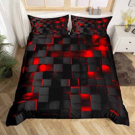 Feelyou Red and Black Bedding Duvet Cover Set Queen Size Light Geometric Bedding Set for Kids Boys Girls Geometry Decor Comforter Cover Set Modern Bedspread Cover