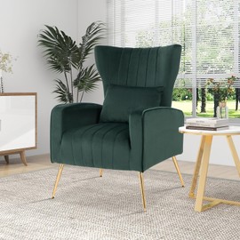 Giantex Velvet Accent Chair with Lumbar Pillow, Upholstered Tufted Wingback Arm Chair w/Golden Metal Legs, Mid Century Modern Single Sofa Chair for Living Room Bedroom, Max Load 400 LBS, Green