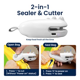 Mini Bag Sealer, 2 IN 1 Heat Sealer & Cutter, USB-C Rechargeable Portable Handheld Bag Sealer, Food Vacuum Storage Sealer for Chip Bags(White)
