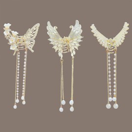 Pack of 3 Butterfly Claw Clips, Barrette Hair Clip Gold, Hair Clips With Movable Tassels, Women's Pearls Rhinestone Elegant Hair, Non-Slip Hair Clip