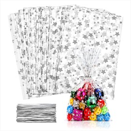 LEOSINDA 100 pcs Clear 8 X 12 Inch Flat Gift Wrap Cellophane Bags Cello Bags Cookie Bags Treat Bags with Twist Ties Poly Bag 1.36 mil for Bakery, Cookie, Candies Silver Star Printed