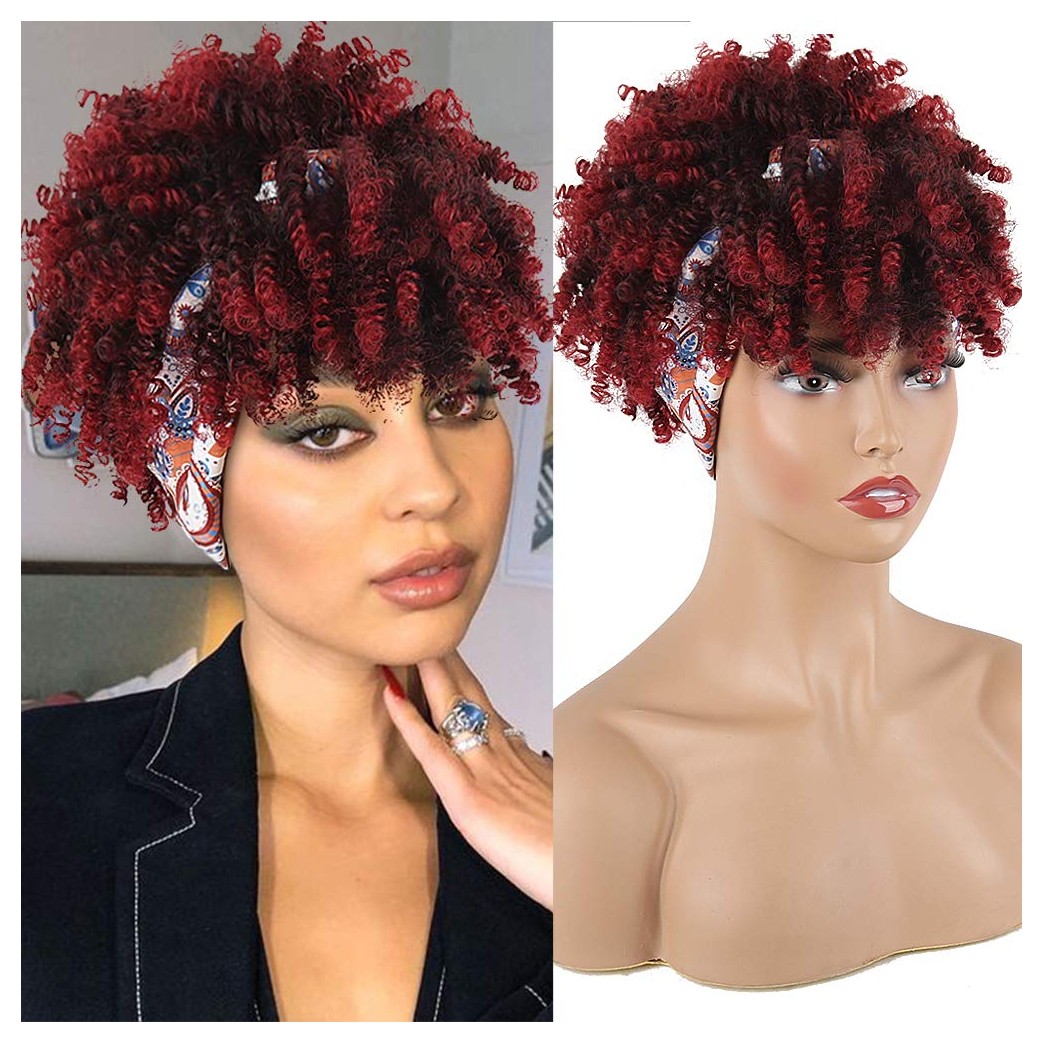 Aisaide Short Curly Wigs for Black Women Headband Wigs with Bangs Red Head Wrap Wigs Kinky Curly Afro Wig with White Scarf Wig Ombre Burgundy Wigs Synthetic Curly Hair Wigs with Headwraps