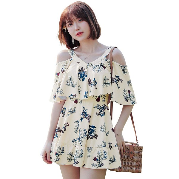 TeddyShop hys1515 Women's One-Piece Swimsuit for Body Coverage, Dress Type, All-In-One, Off Shoulder, Large Size, Flare - N: Beige × Flower