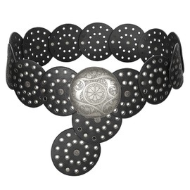 WERFORU Women Vintage Leather Belt Western Disc Waist Belts Ladies Western Belt Boho Belt for Dress Jean (57":Fit Waist Size Below 54",Black-Silver Buckle)