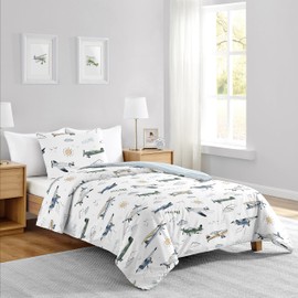 Sweet Jojo Designs 2-Piece Twin Comforter Set (Green Vintage Airplane) for Boys, Children, Kids Bedding, Bed in a Bag incl. Blanket & Pillow Sham (Airplanes, Transportation, Clouds, Sun, Sky, Blue)