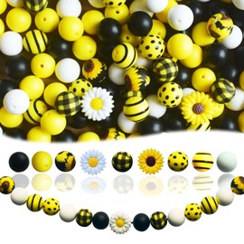 128pcs Silicone Beads Bracelet Making Kit Beads, 15mm Silicone Beads Yellow Black White Round Silicone Beads Bulk, Sunflower Craft Beads for DIY Keychain Wristlet Jewelry Making with Elastic Rope