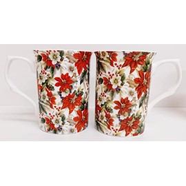 Rainbow Decors Poinsettia Mugs Set of 2 Fine Bone China Red Christmas Flower 300 ml Cups Hand Decorated UK