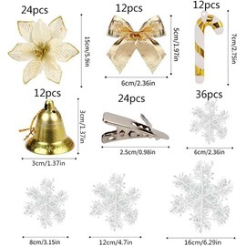 Christmas Tree Decoration Flowers,24 Pack Gold Glitter Artificial Poinsettia with Clips Bows Bells Christmas Flowers Christmas Tree Ornaments for Christmas Party Decorations (Gold)