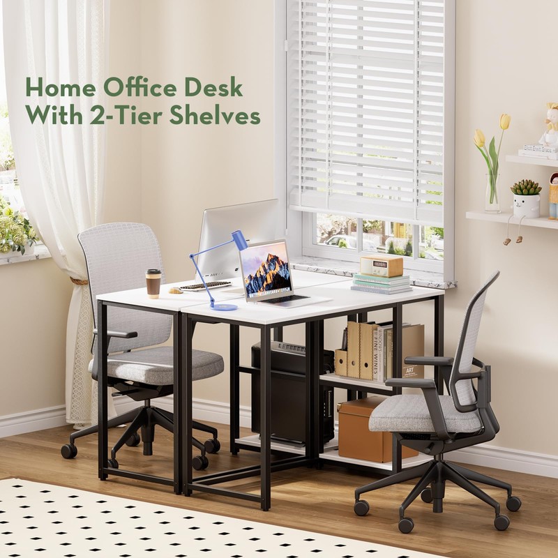 SINPAID 40IN Computer Desk with Shelves, Cream White Sturdy Small
