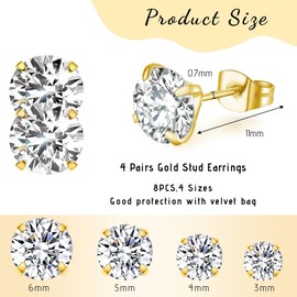 SJBAUTYO 4 Pairs of Men's Earrings, Silver, Medical Stud Earrings, 316L Surgical Steel Stud Earrings, Hypoallergenic Stainless Steel Earrings Set, Zirconia Stud Earrings for Men Women Unisex, Gold