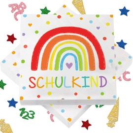 40 Stück Servietten Einschulung Regenbogen, Schulkind 2025 Mädchen, Einschulung Deko, 3er Set Mit Servietten Und Konfetti, Perfekt Für Schulanfang Mädchen Und Regenbogen Party, 16,5 x 16,5 cm