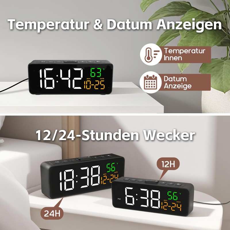 Digital Alarm Clock Small, Bedside Alarm Clock with Temperature Display,
