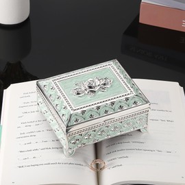 Hipiwe Vintage Metal Jewelry Box Floral Gorgeous Jewelry Trinket Box for Ring Earrings Necklace Rectangle Trinket Case Decorative Keepsake Box for Women Girls,Pale Green