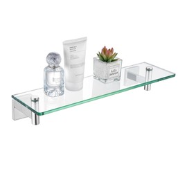 KOKOSIRI Bathroom Shelves Wall Mounted Floating Glass Shelf Polished Stainless Steel 16-Inch Small Hanging Rack for Storage/Room Decor B1105CH-L16
