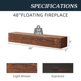 48" Rustic Wood Fireplace Mantel, Wall-Mounted & Floating Shelf for Home Decor - Light Brown