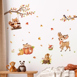 Tanlaby Woodland Animals Wall Stickers Autumn Maple Leaves Wall Decals Cute Deer Fox Forest Animal Peel and Stick Fall Art Decor for Baby Nursery Kids Bedroom Playroom Daycare Classroom