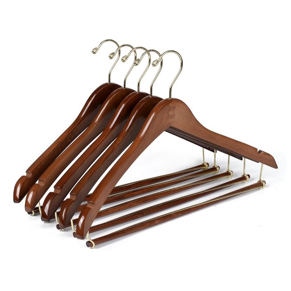 Quality Hangers Wooden Hangers Beautiful Sturdy Suit Curved Hangers Great for Travelers Heavy Duty Coat Hanger with Locking Bar Gold Hooks (5 Pack)