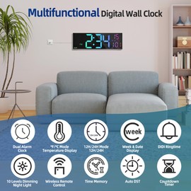 LEIKE 16.2'' Large Digital Wall Clock with Remote Control, Big LED/Dual Alarm/8 RGB Colors/Auto Brightness/Date/Auto DST/Temperature/Night Light Gym Clocks for Living Room Bedroom Office Wall Decor