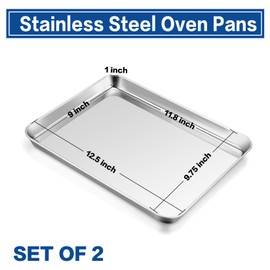 Toaster Oven Pan Tray, P&P CHEF Stainless Steel Baking Pan Cookie Sheet, Set of 2 (12.5’’ x 9.75’’ x 1’’), Rolled Edge & Round Corner, Mirror Finished & Easy Clean