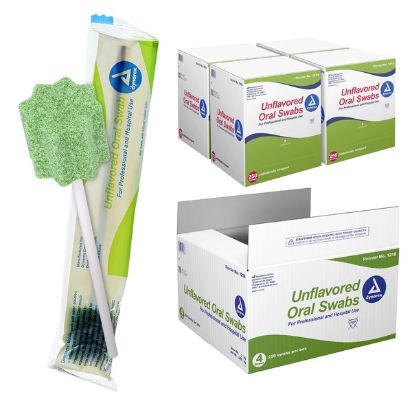 Dynarex Unflavored Oral Swabsticks, Cotton Swabs that Gently Clean, Moisten, and Refresh Mouth, Teeth, and Gums, Individually Wrapped - 4 Boxes of 250