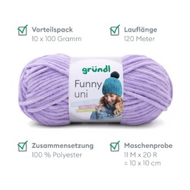 Gründl Funny uni Strick- & Häkelgarn (samtartiges Chenille-Garn aus 100% Polyester, 100 g / 120 m, Nadelstärke: 5-6, 1 x 100 g), lavendel
