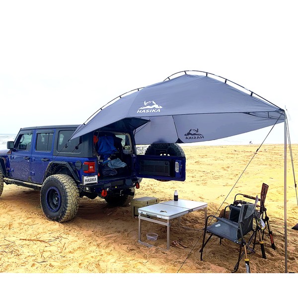 Versatility Teardrop Awning for SUV RVing, Car Camping, Trailer and Overlanding Light Weight Truck Canopy Durable Tear Resistant Tarp with 2 Sandbag