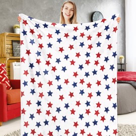 JarThenaAMCS Patriotic Fuzzy Blanket Red Blue Star Throw Blanket 4th of July Soft Cozy Flannel Blanket for Home Bed Sofa Couch Chair, 50 x 60 Inch