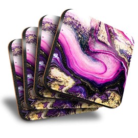 Destination Vinyl ltd Great Coasters (Set of 4) Square - Ink Art Marble Effect Purple Gold Drink Glossy Coasters/Tabletop Protection for Any Table Type #14829